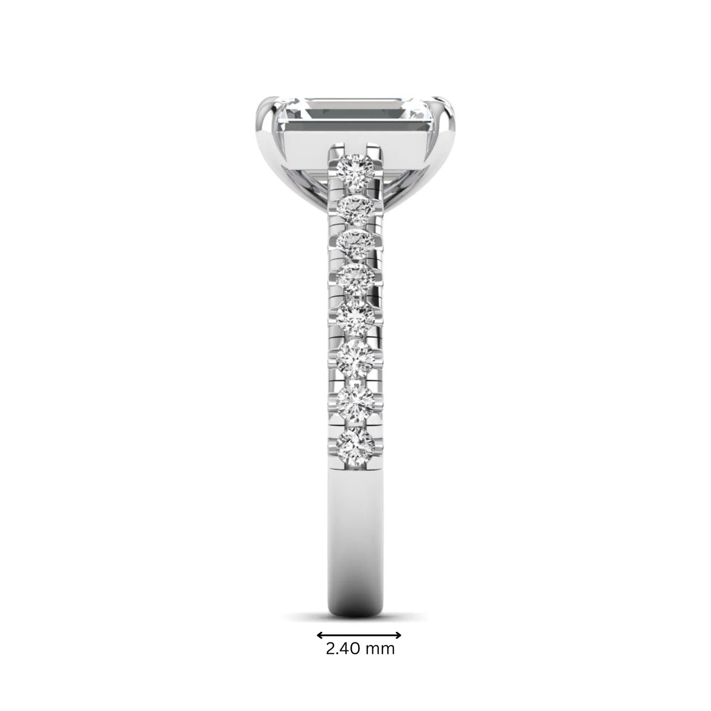 Emerald cut lab grown diamond engagement ring with pavé round diamonds in a white gold four-prong cathedral setting