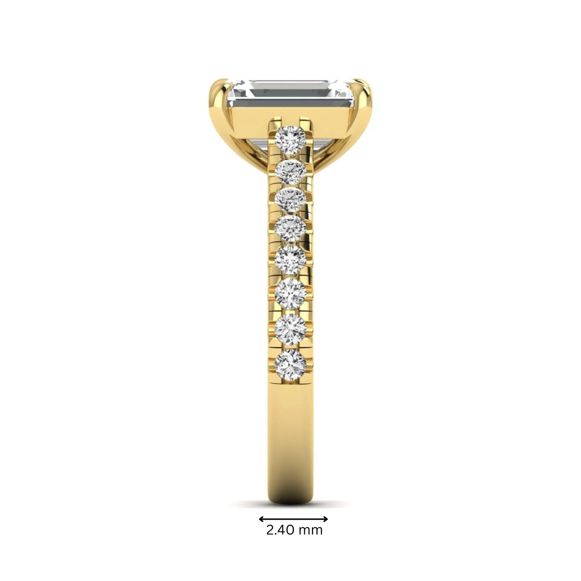 Emerald cut lab grown diamond engagement ring with pavé round diamonds in a yellow gold four-prong cathedral setting