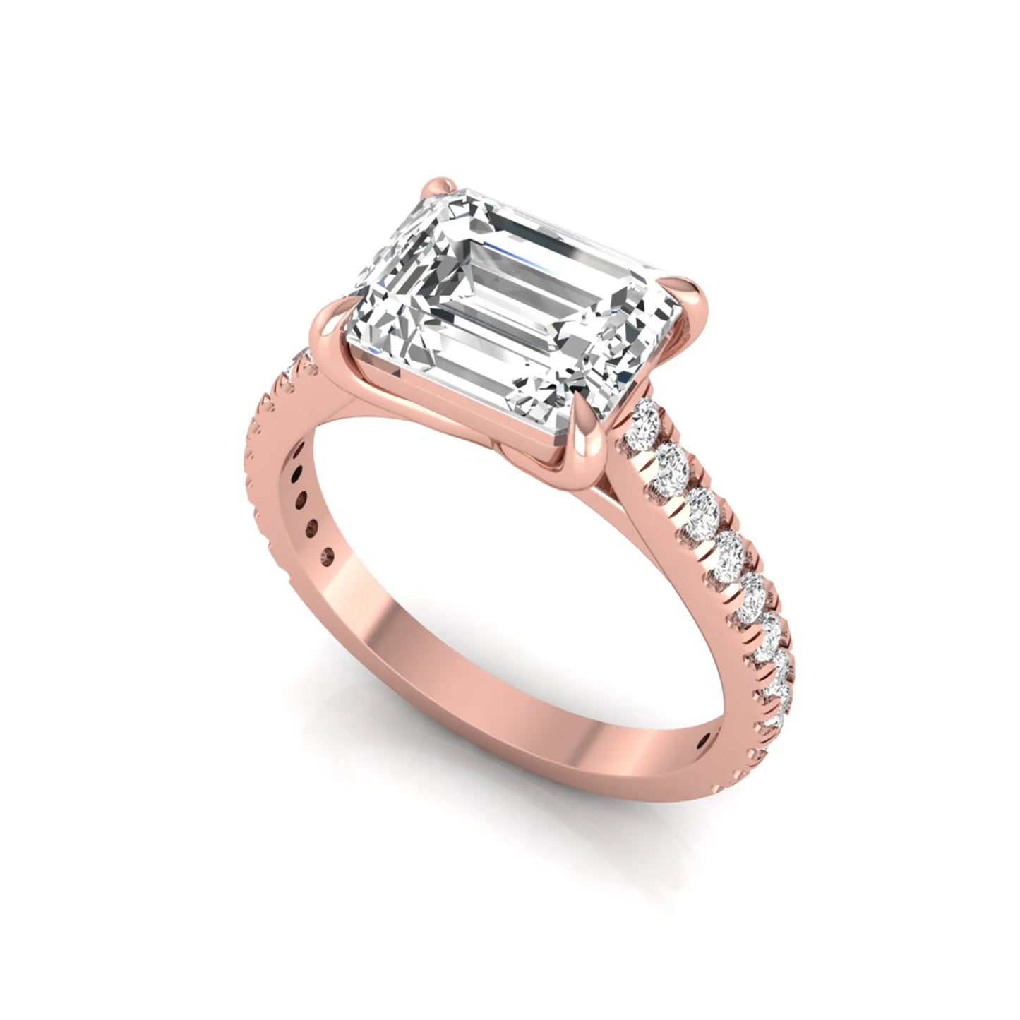Emerald cut lab grown diamond solitaire engagement ring featuring a four-prong setting with a pavé diamond band in rose gold tone.