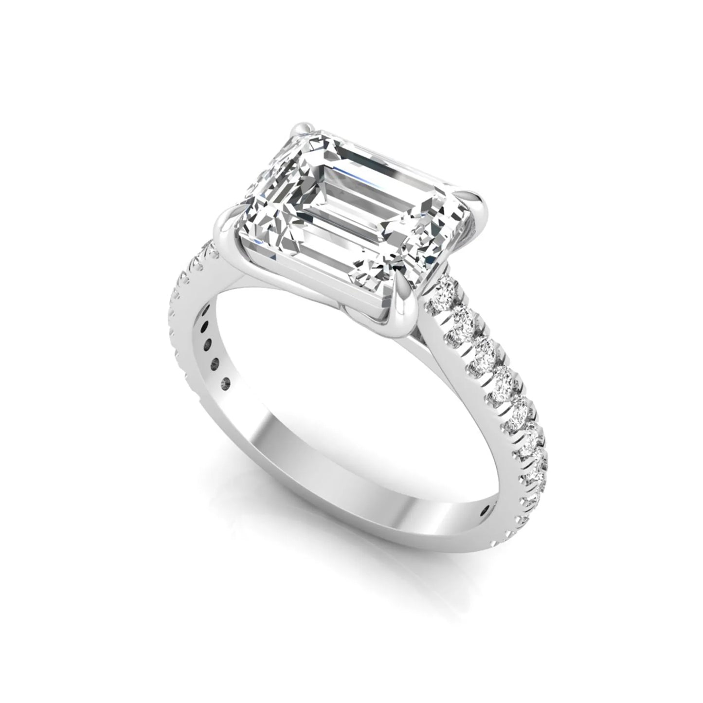 Emerald cut lab grown diamond solitaire engagement ring featuring a four-prong setting with a pavé diamond band in white gold tone.