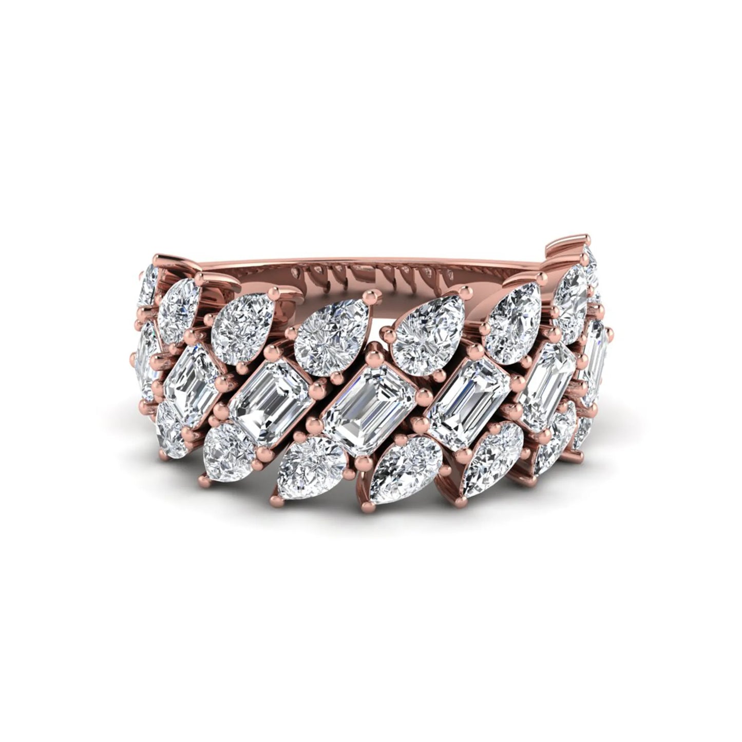 Emerald and pear cut lab grown diamond cluster ring with prong setting in rose gold tone wide band design.