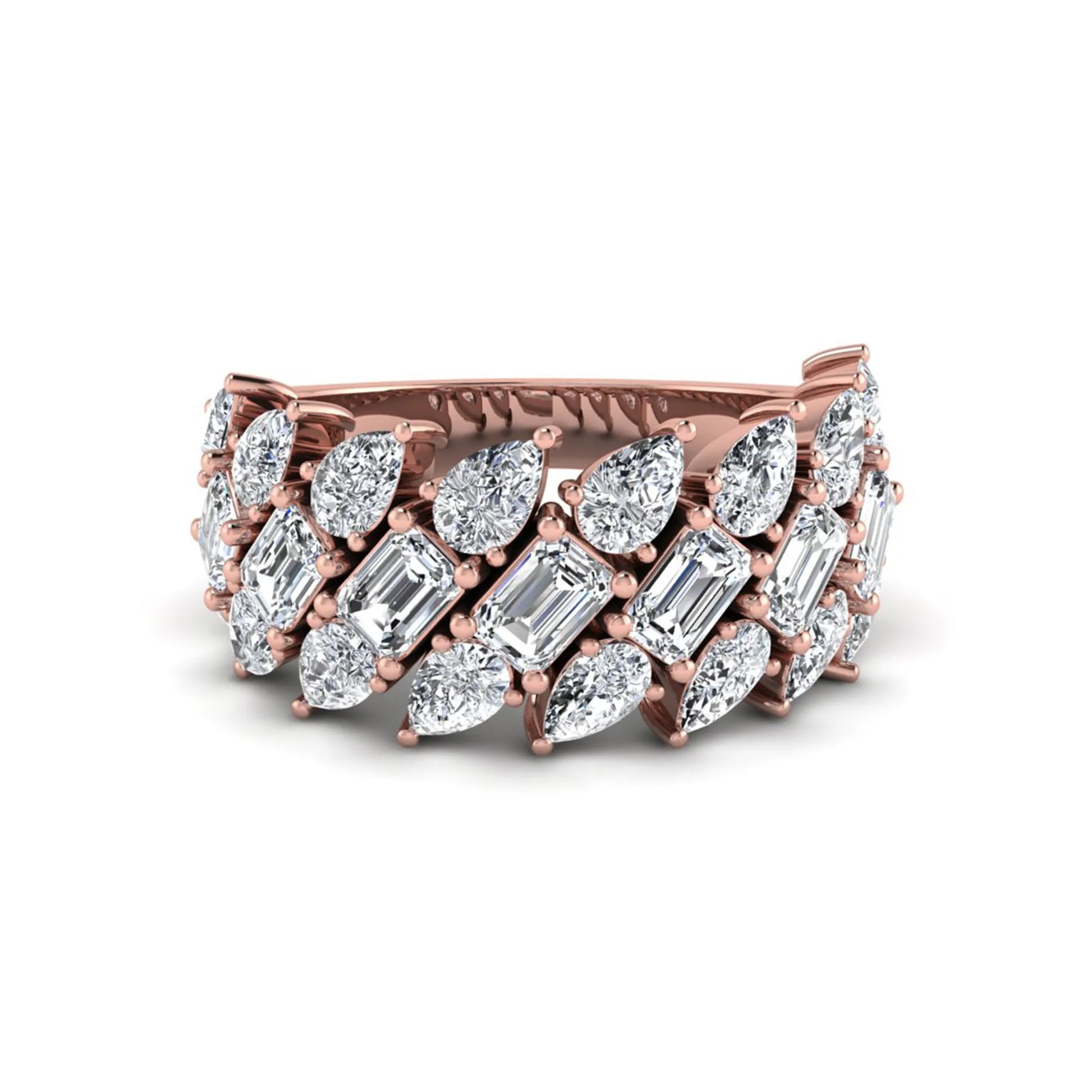 Emerald and pear cut lab grown diamond cluster ring with prong setting in rose gold tone wide band design.