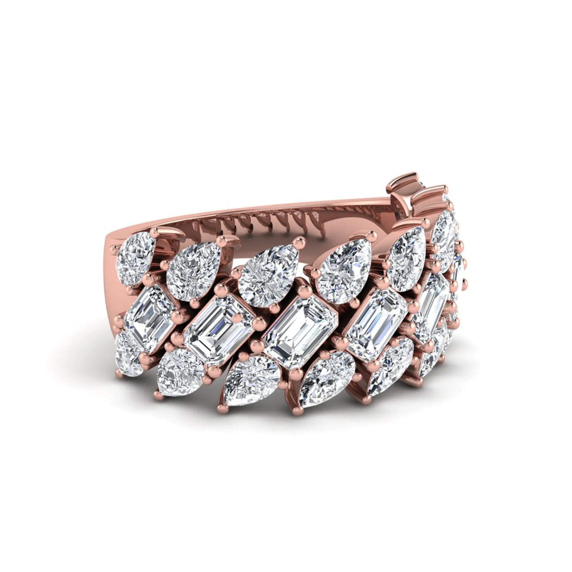 Emerald and pear cut lab grown diamond cluster ring with prong setting in rose gold tone wide band design.