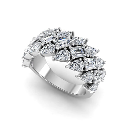 Emerald and pear cut lab grown diamond cluster ring with prong setting in white gold tone wide band design.