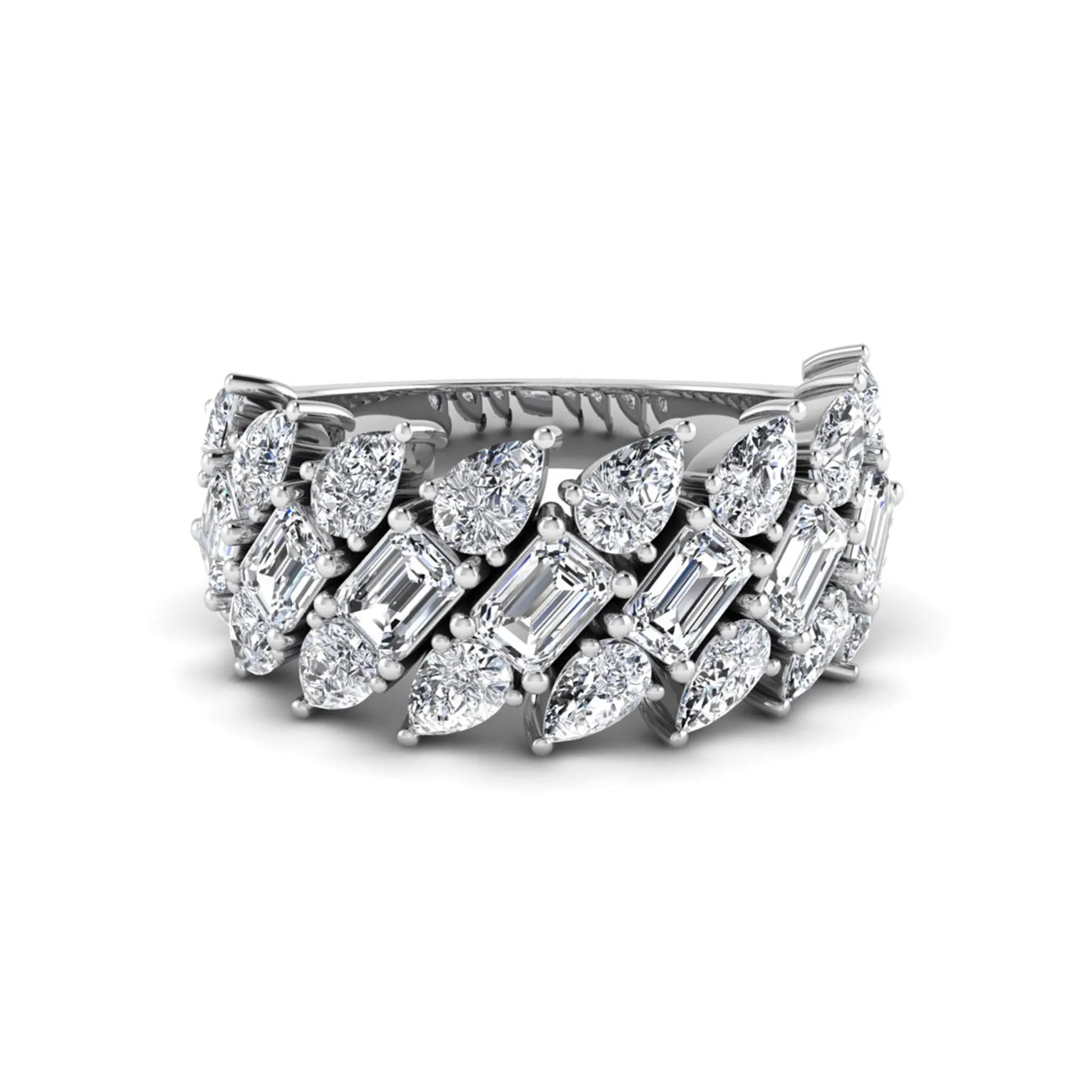Emerald and pear cut lab grown diamond cluster ring with prong setting in white gold tone wide band design.