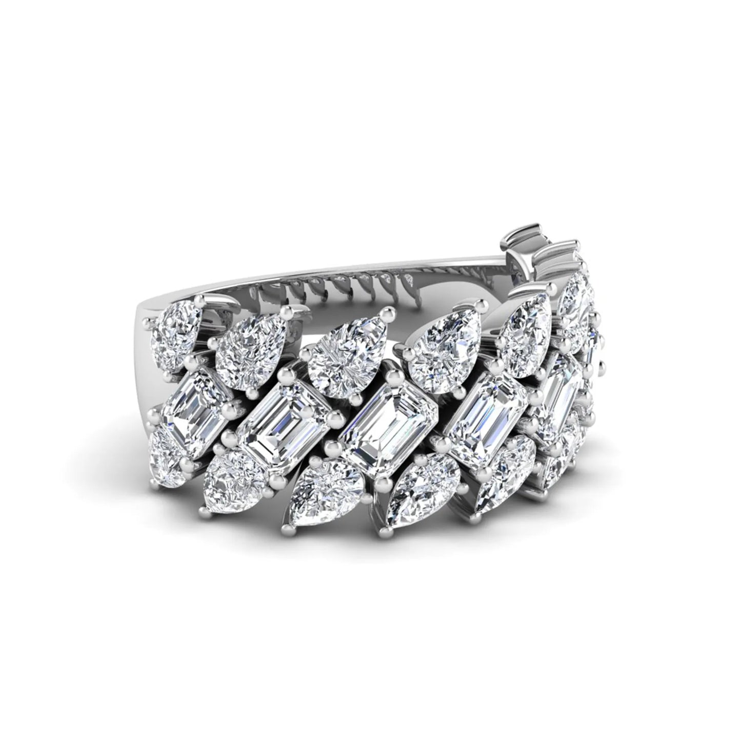 Emerald and pear cut lab grown diamond cluster ring with prong setting in white gold tone wide band design.