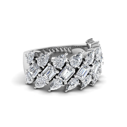 Emerald and pear cut lab grown diamond cluster ring with prong setting in white gold tone wide band design.