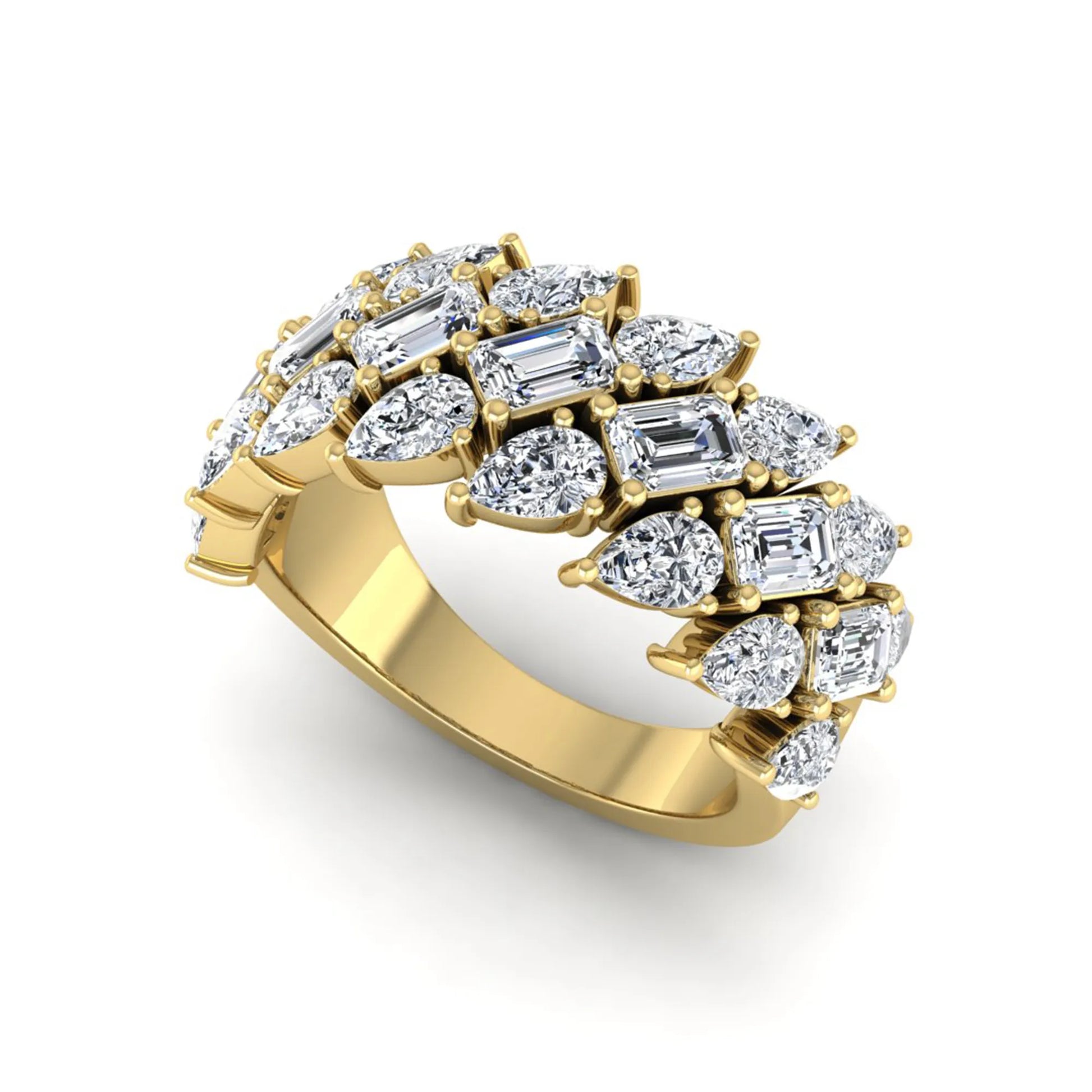 Emerald and pear cut lab grown diamond cluster ring with prong setting in yellow gold tone wide band design.