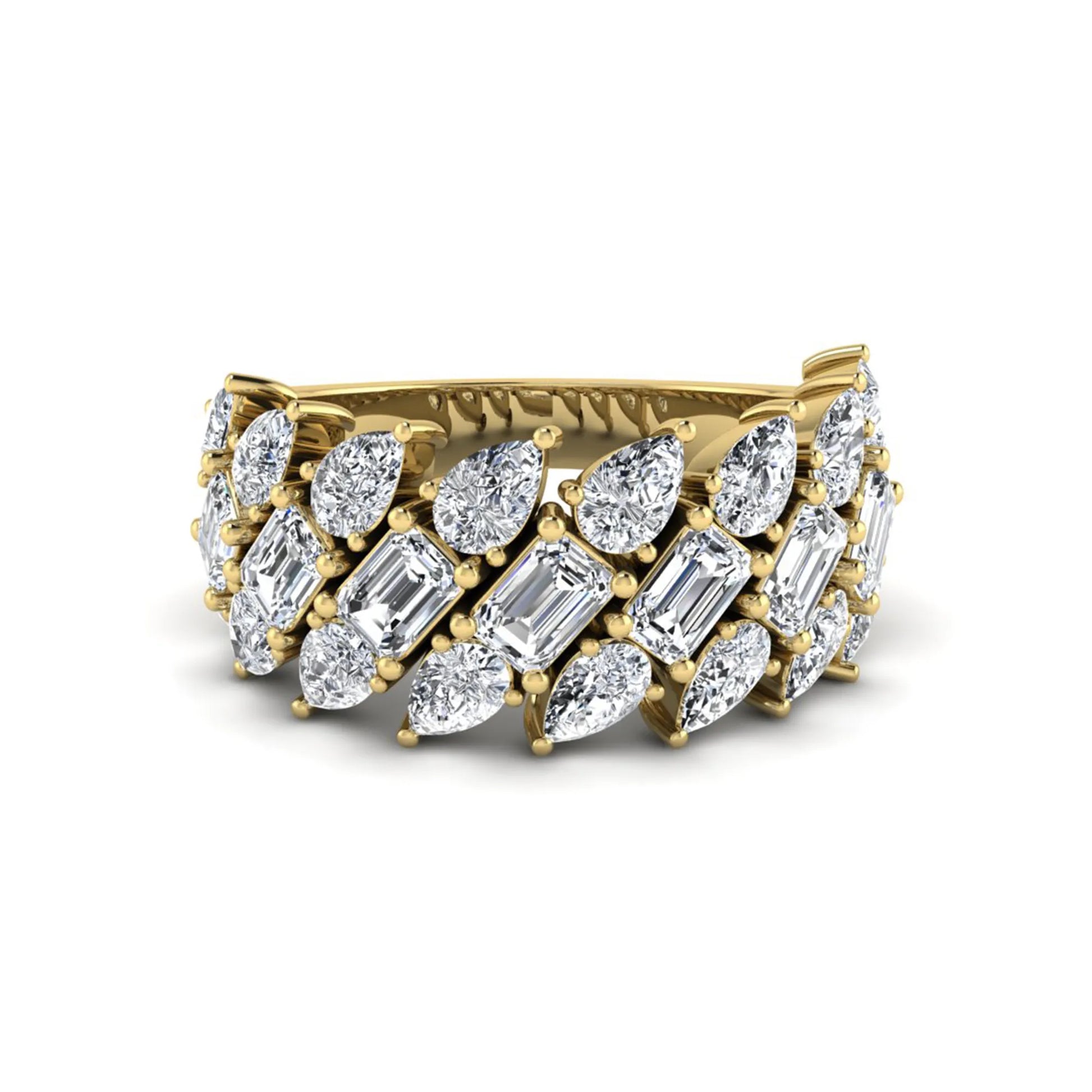 Emerald and pear cut lab grown diamond cluster ring with prong setting in yellow gold tone wide band design.