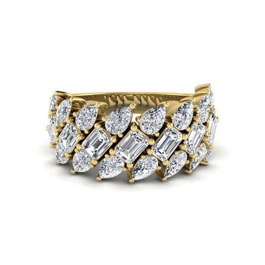 Emerald and pear cut lab grown diamond cluster ring with prong setting in yellow gold tone wide band design.