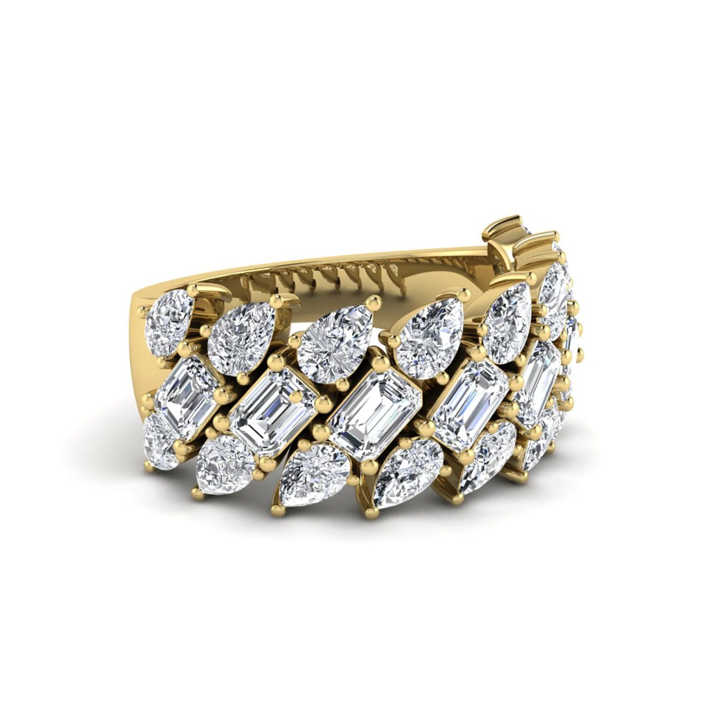 Emerald and pear cut lab grown diamond cluster ring with prong setting in yellow gold tone wide band design.