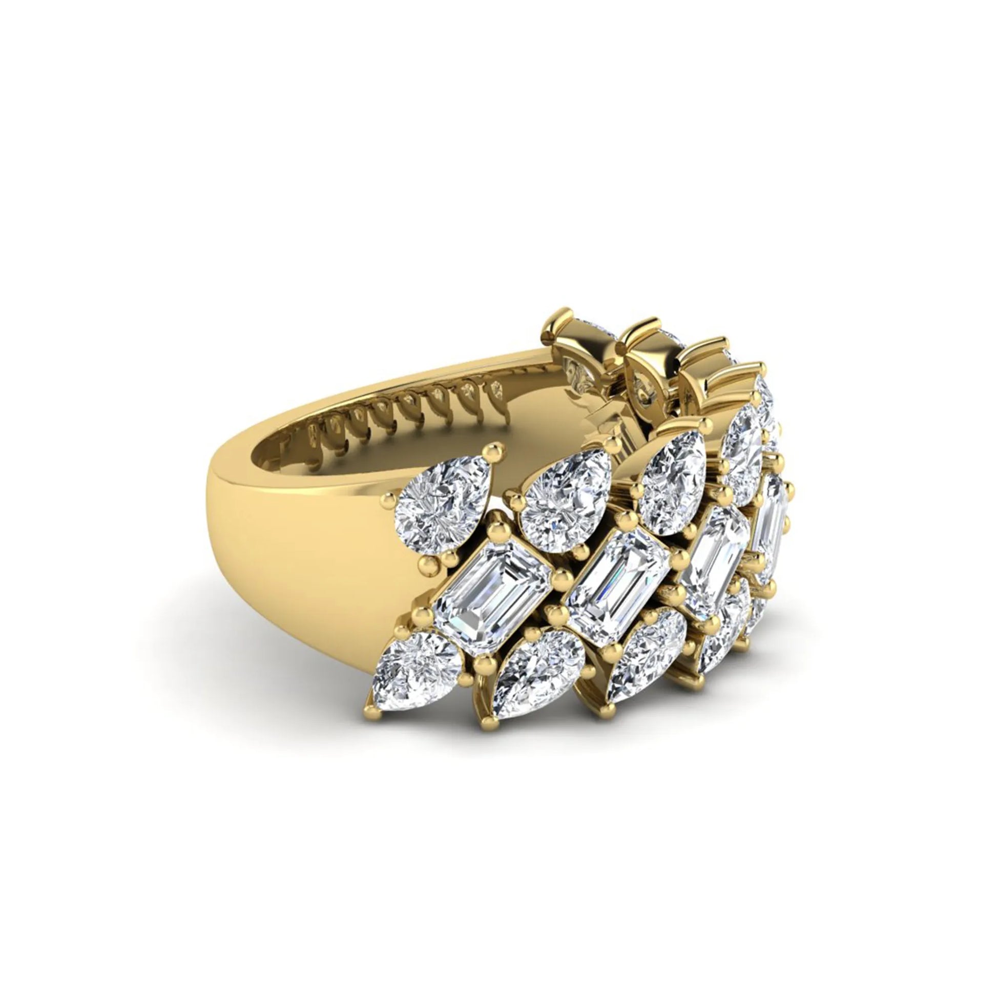 Emerald and pear cut lab grown diamond cluster ring with prong setting in yellow gold tone wide band design.