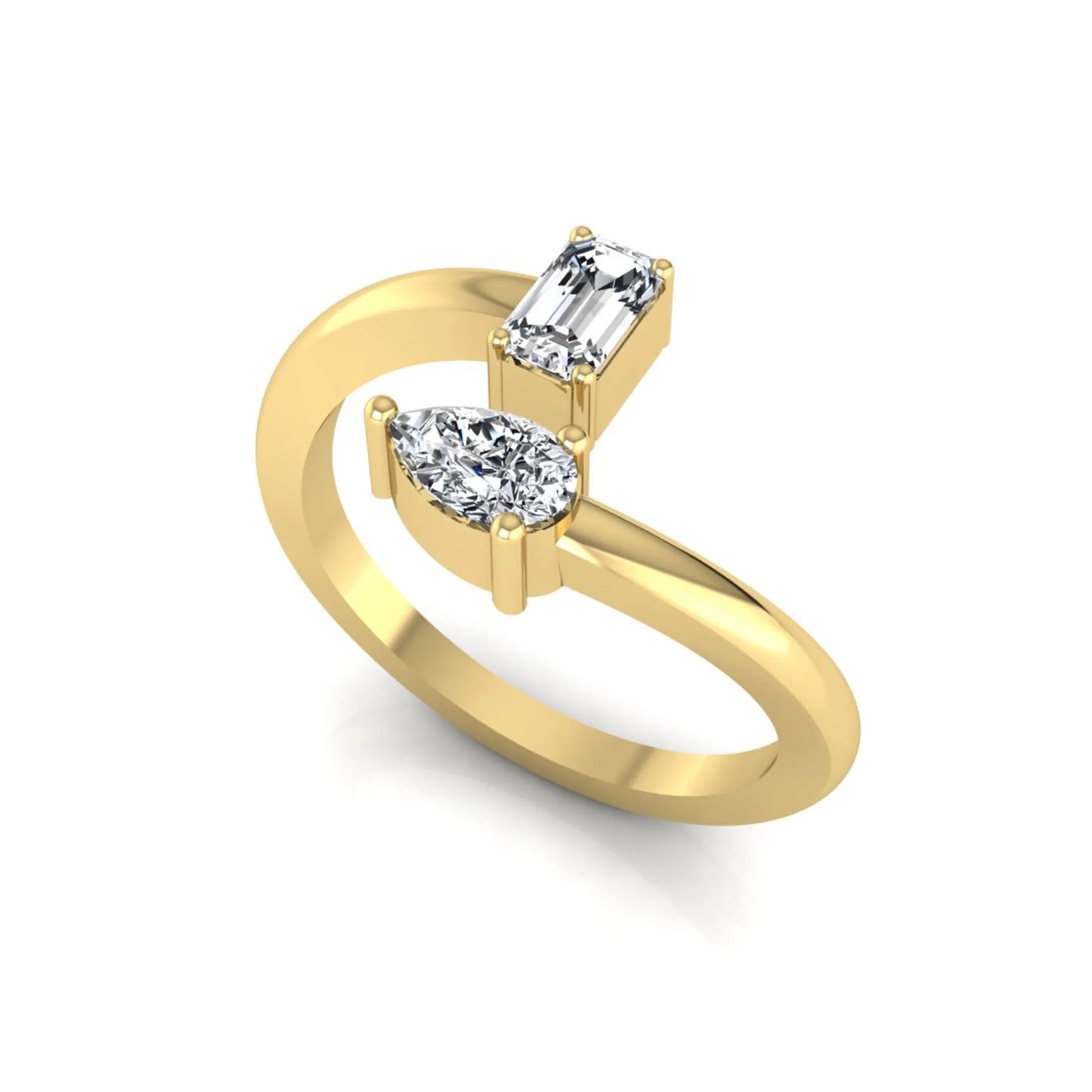 Emerald and pear cut lab grown diamond Toi et Moi ring featuring a minimalist open design in yellow gold