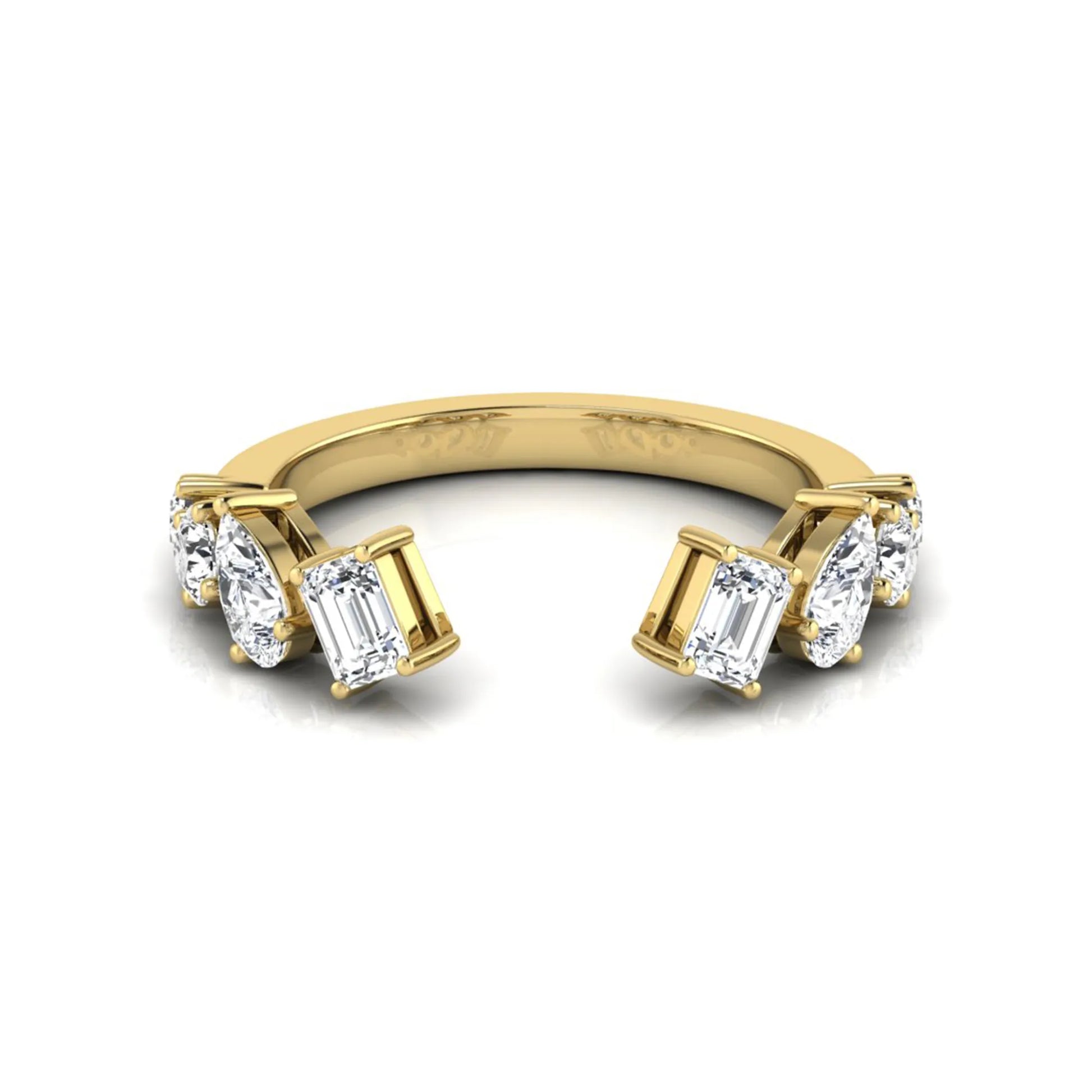 yellow gold Discover an Emerald & Pear Lab Grown Diamond Open Cuff Ring featuring mixed diamond shapes and modern luxury styling for every occasion.