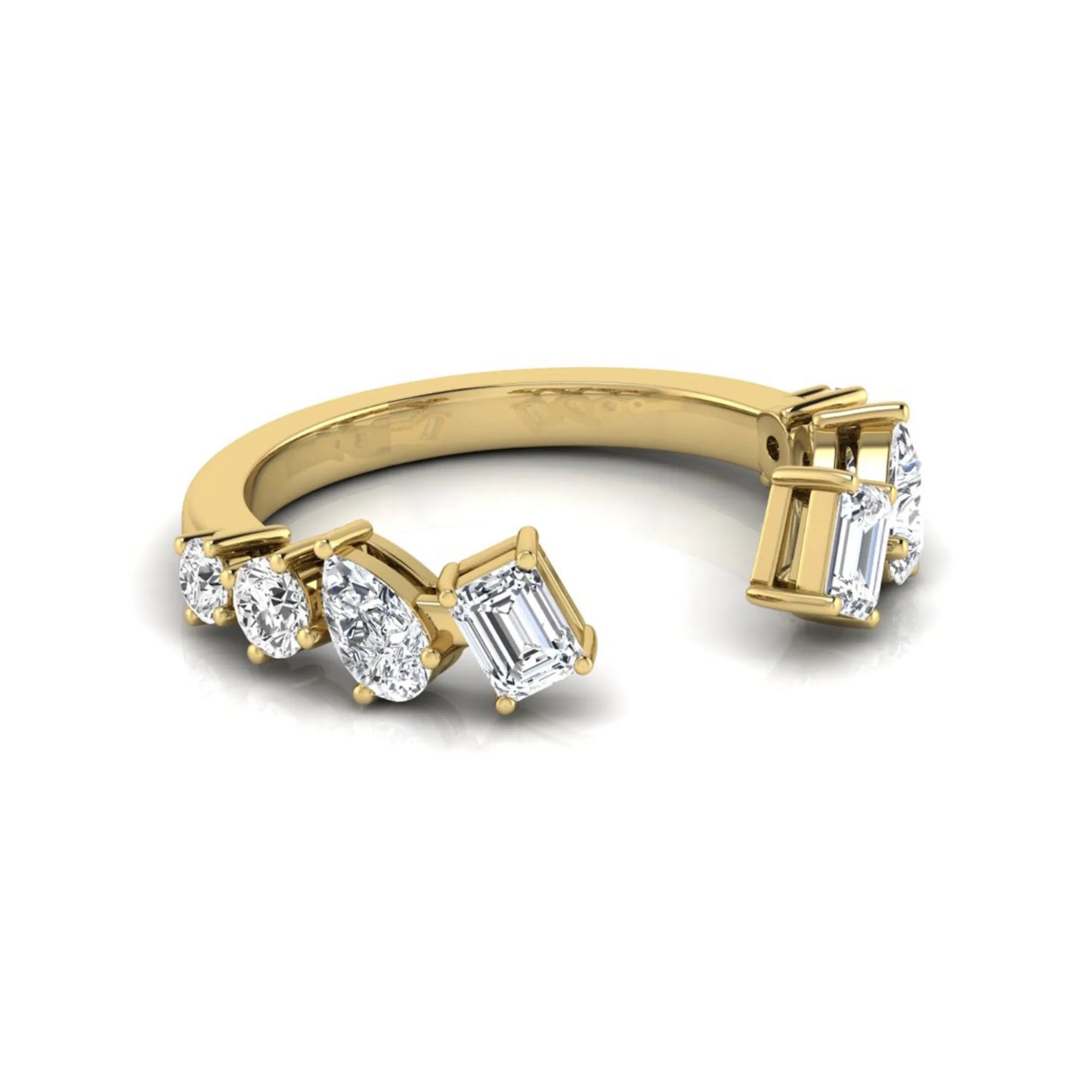 yellow gold Discover an Emerald & Pear Lab Grown Diamond Open Cuff Ring featuring mixed diamond shapes and modern luxury styling for every occasion.