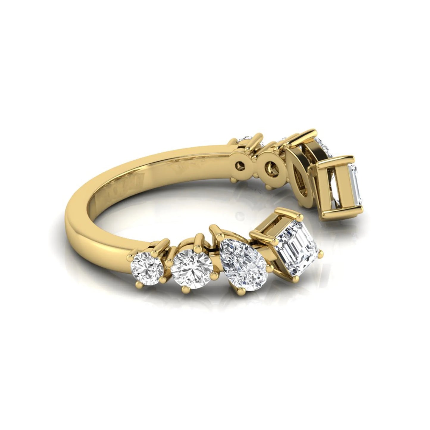 yellow gold Discover an Emerald & Pear Lab Grown Diamond Open Cuff Ring featuring mixed diamond shapes and modern luxury styling for every occasion.