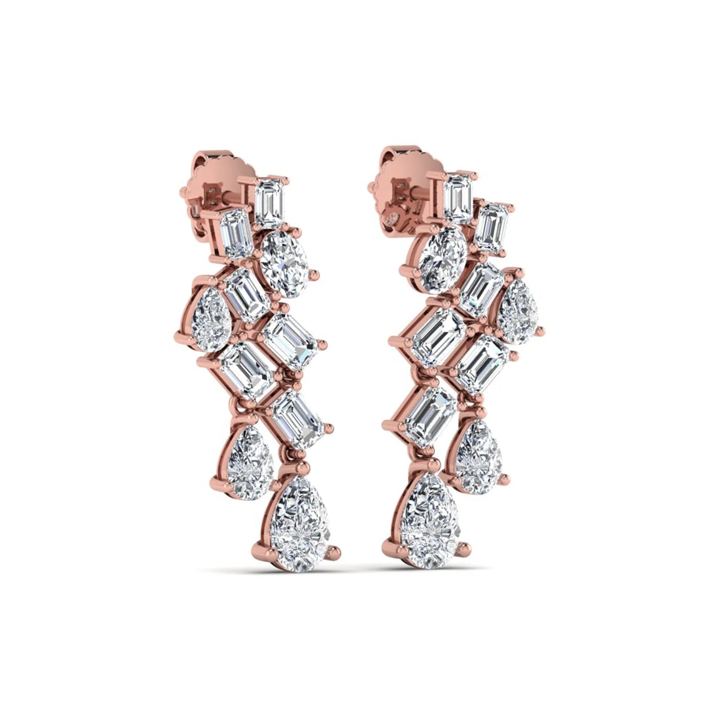 Emerald, pear, and oval cut prong set lab grown diamond drop earrings featuring a cascading multi-shape design in a rose gold finish with push back closure.