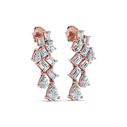 Emerald, pear, and oval cut prong set lab grown diamond drop earrings featuring a cascading multi-shape design in a rose gold finish with push back closure.