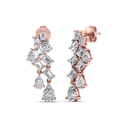Emerald, pear, and oval cut prong set lab grown diamond drop earrings featuring a cascading multi-shape design in a rose gold finish with push back closure.