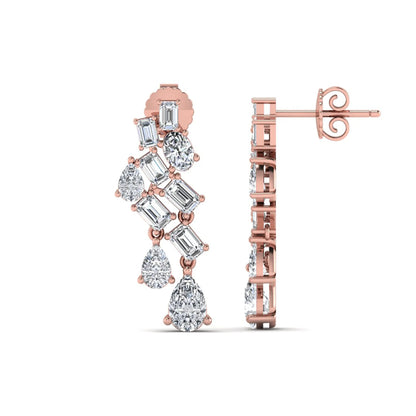 Emerald, pear, and oval cut prong set lab grown diamond drop earrings featuring a cascading multi-shape design in a rose gold finish with push back closure.