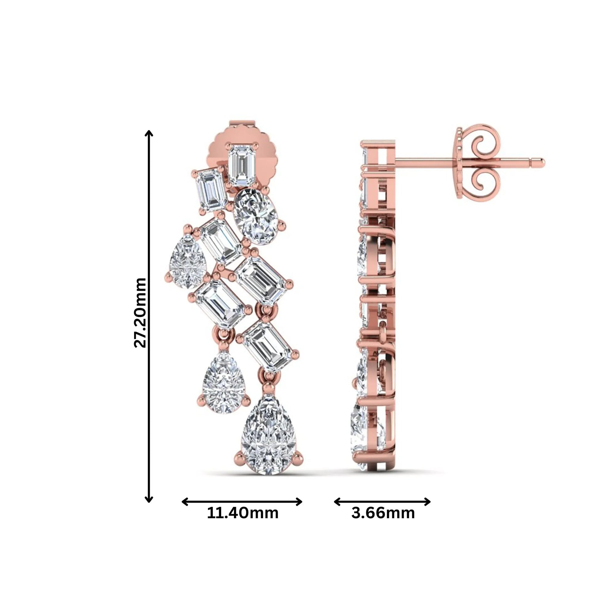 Emerald, pear, and oval cut prong set lab grown diamond drop earrings featuring a cascading multi-shape design in a rose gold finish with push back closure.