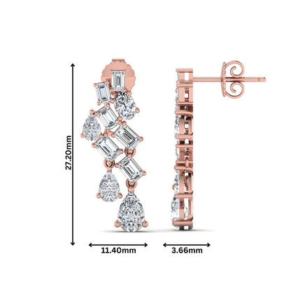 Emerald, pear, and oval cut prong set lab grown diamond drop earrings featuring a cascading multi-shape design in a rose gold finish with push back closure.