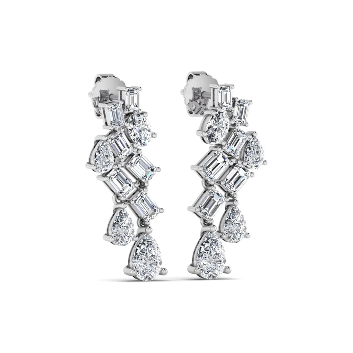 Emerald, pear, and oval cut prong set lab grown diamond drop earrings featuring a cascading multi-shape design in a white gold finish with push back closure.