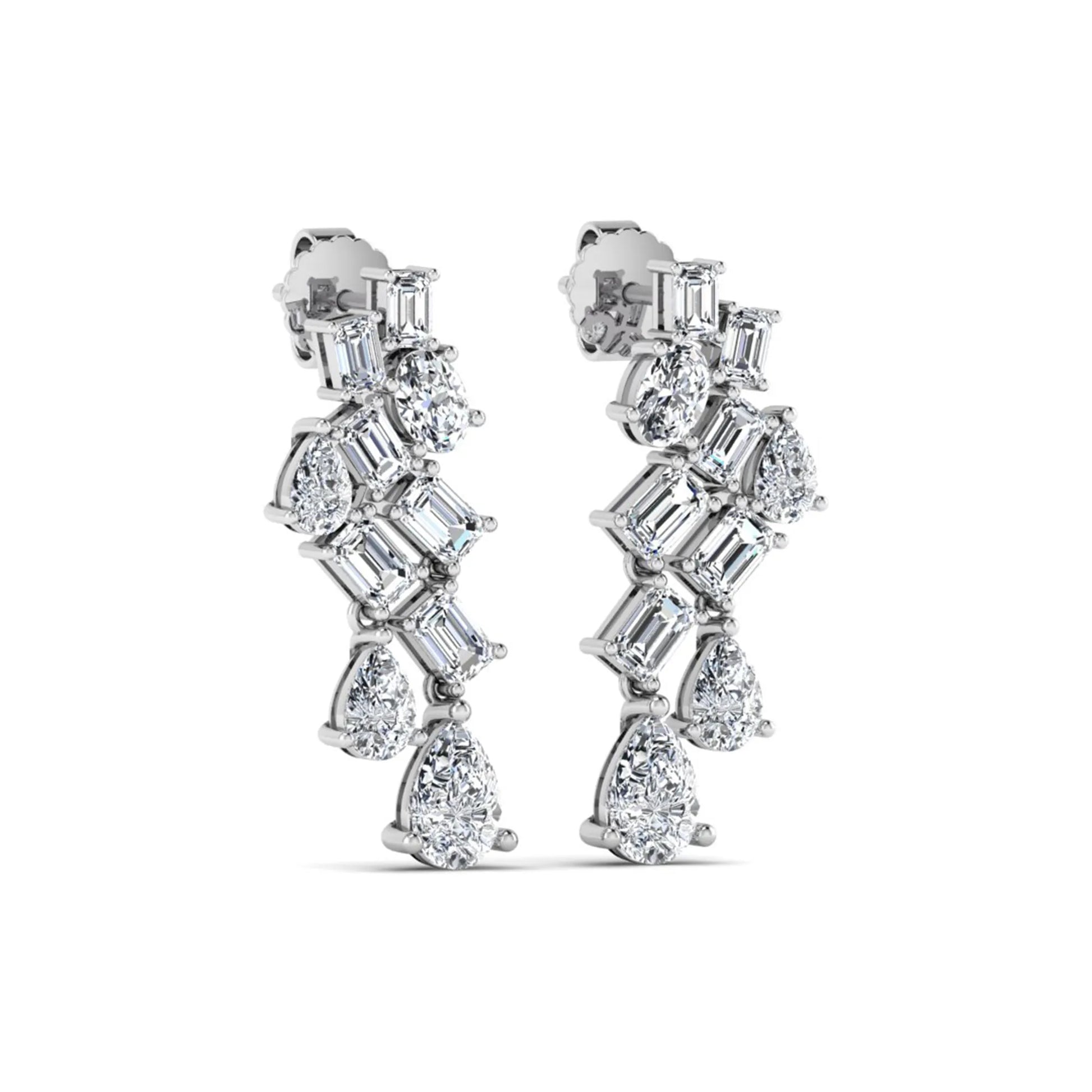 Emerald, pear, and oval cut prong set lab grown diamond drop earrings featuring a cascading multi-shape design in a white gold finish with push back closure.