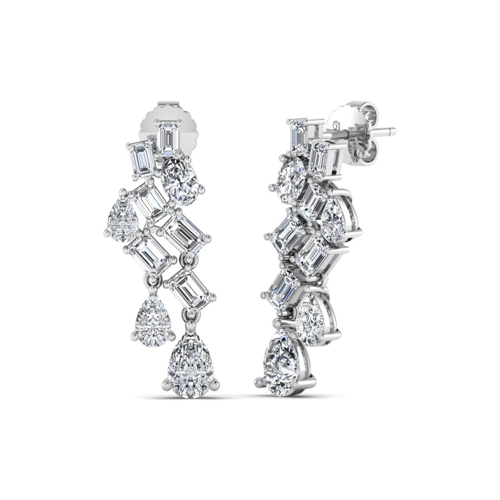 Emerald, pear, and oval cut prong set lab grown diamond drop earrings featuring a cascading multi-shape design in a white gold finish with push back closure.