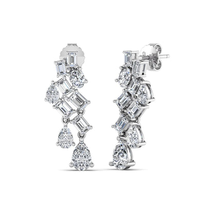 Emerald, pear, and oval cut prong set lab grown diamond drop earrings featuring a cascading multi-shape design in a white gold finish with push back closure.