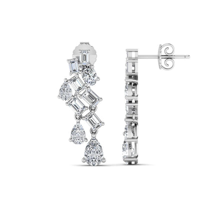 Emerald, pear, and oval cut prong set lab grown diamond drop earrings featuring a cascading multi-shape design in a white gold finish with push back closure.