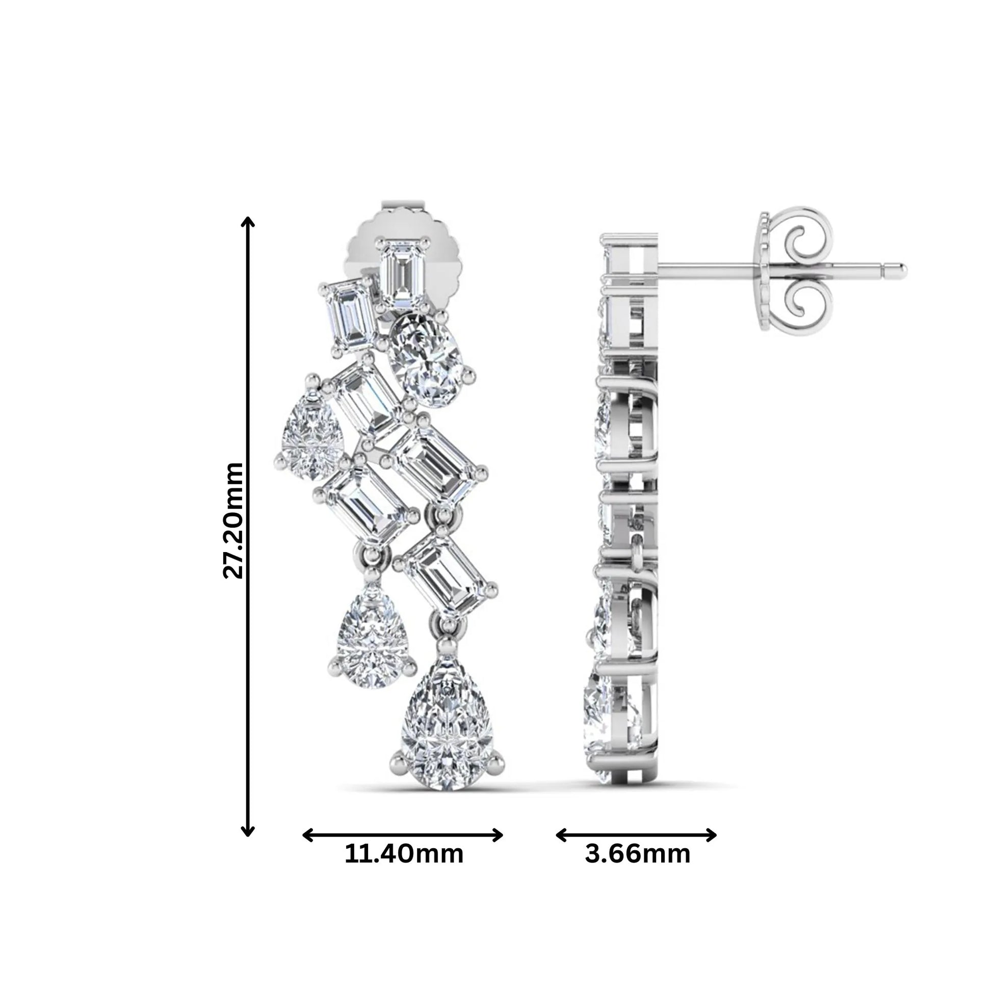 Emerald, pear, and oval cut prong set lab grown diamond drop earrings featuring a cascading multi-shape design in a white gold finish with push back closure.