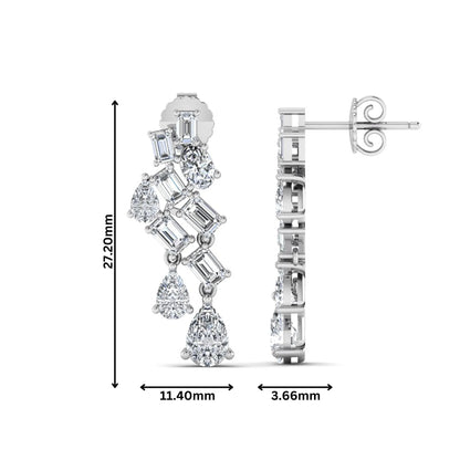 Emerald, pear, and oval cut prong set lab grown diamond drop earrings featuring a cascading multi-shape design in a white gold finish with push back closure.