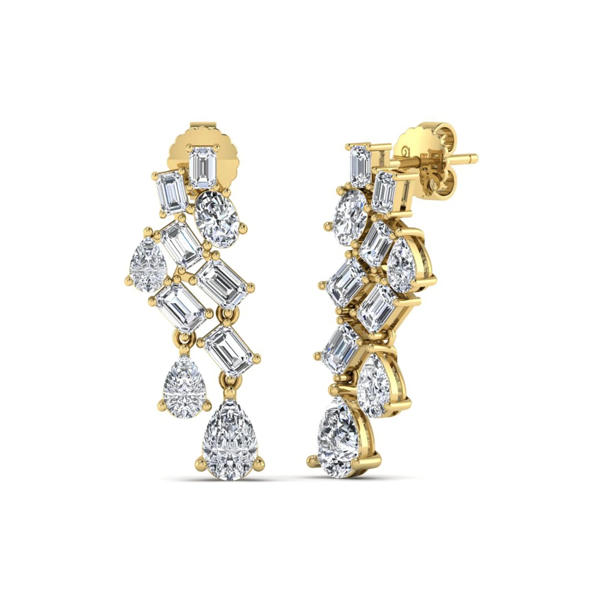 Emerald, pear, and oval cut prong set lab grown diamond drop earrings featuring a cascading multi-shape design in a yellow gold finish with push back closure.
