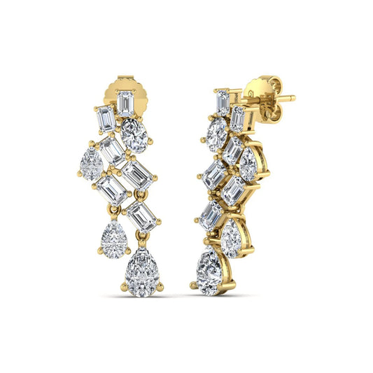 Emerald, pear, and oval cut prong set lab grown diamond drop earrings featuring a cascading multi-shape design in a yellow gold finish with push back closure.