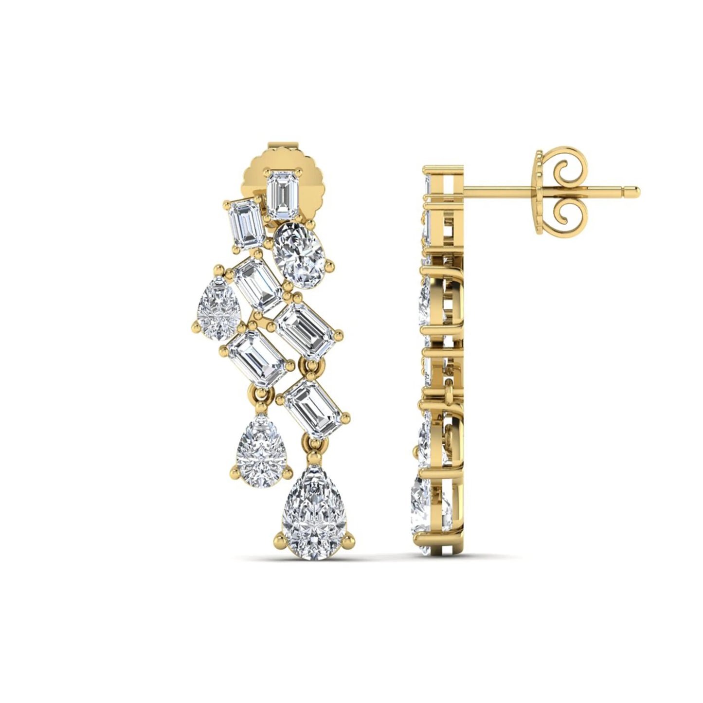 Emerald, pear, and oval cut prong set lab grown diamond drop earrings featuring a cascading multi-shape design in a yellow gold finish with push back closure.
