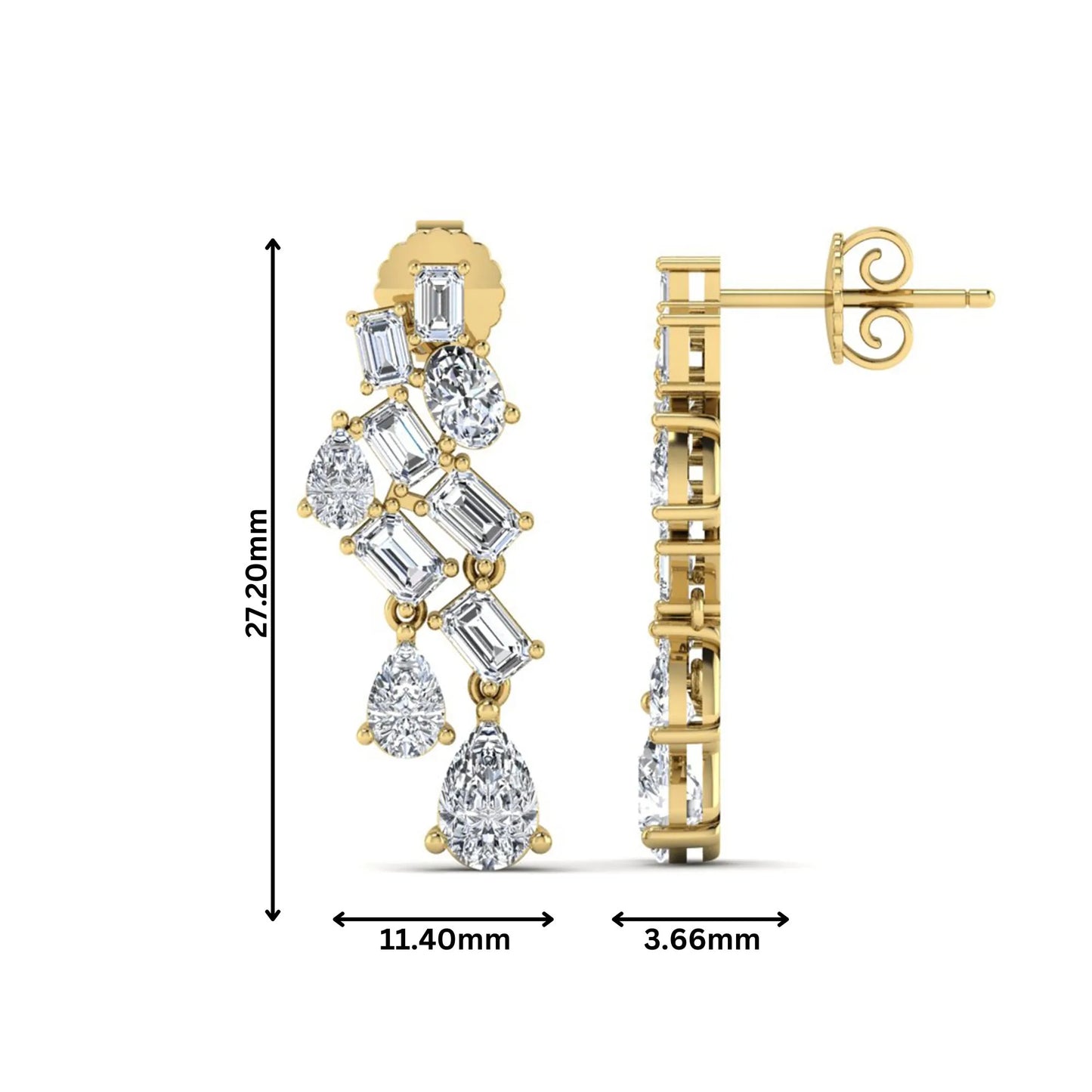 Emerald, pear, and oval cut prong set lab grown diamond drop earrings featuring a cascading multi-shape design in a yellow gold finish with push back closure.