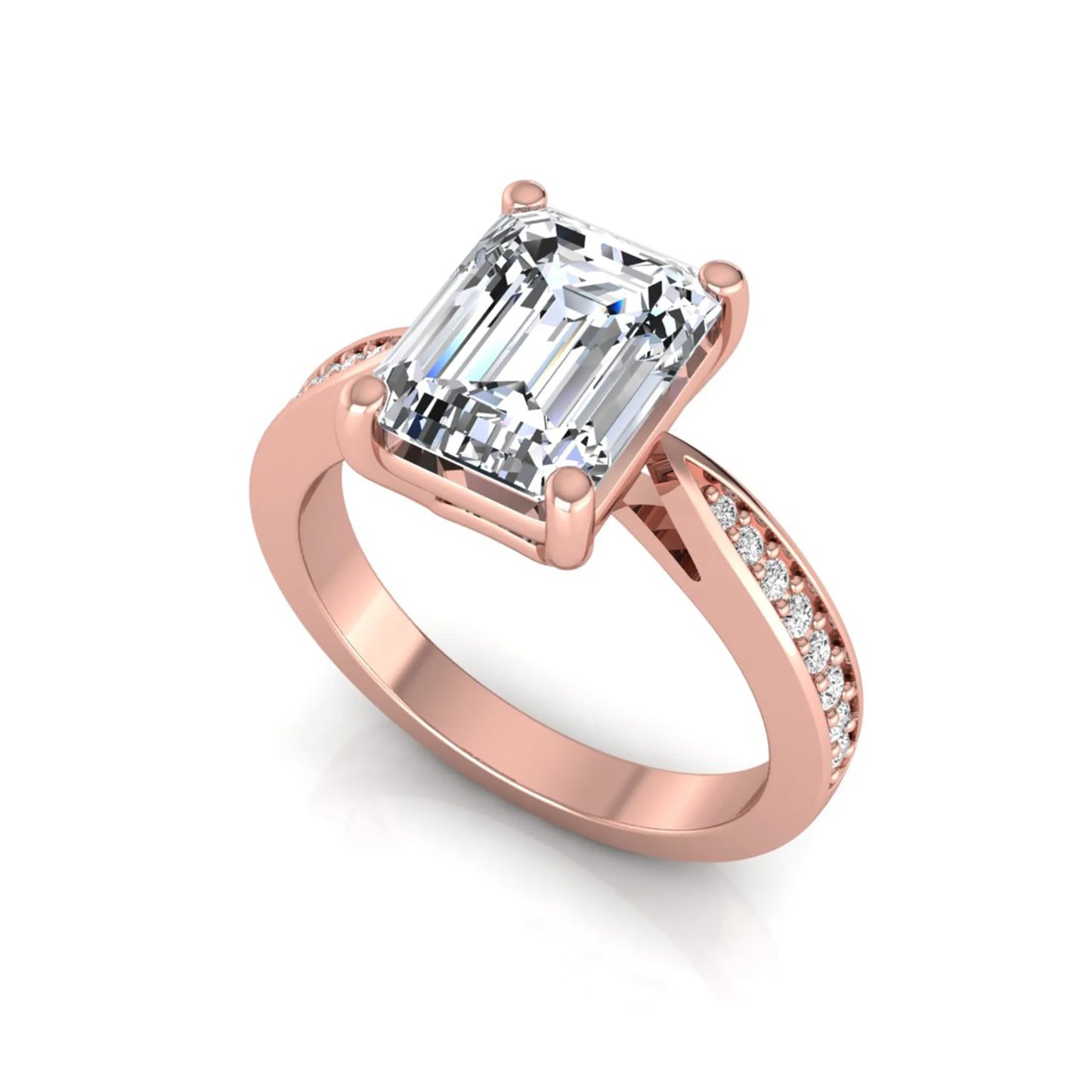 Emerald cut lab grown diamond engagement ring featuring a four-prong setting with round diamond accent band in a rose gold style design.