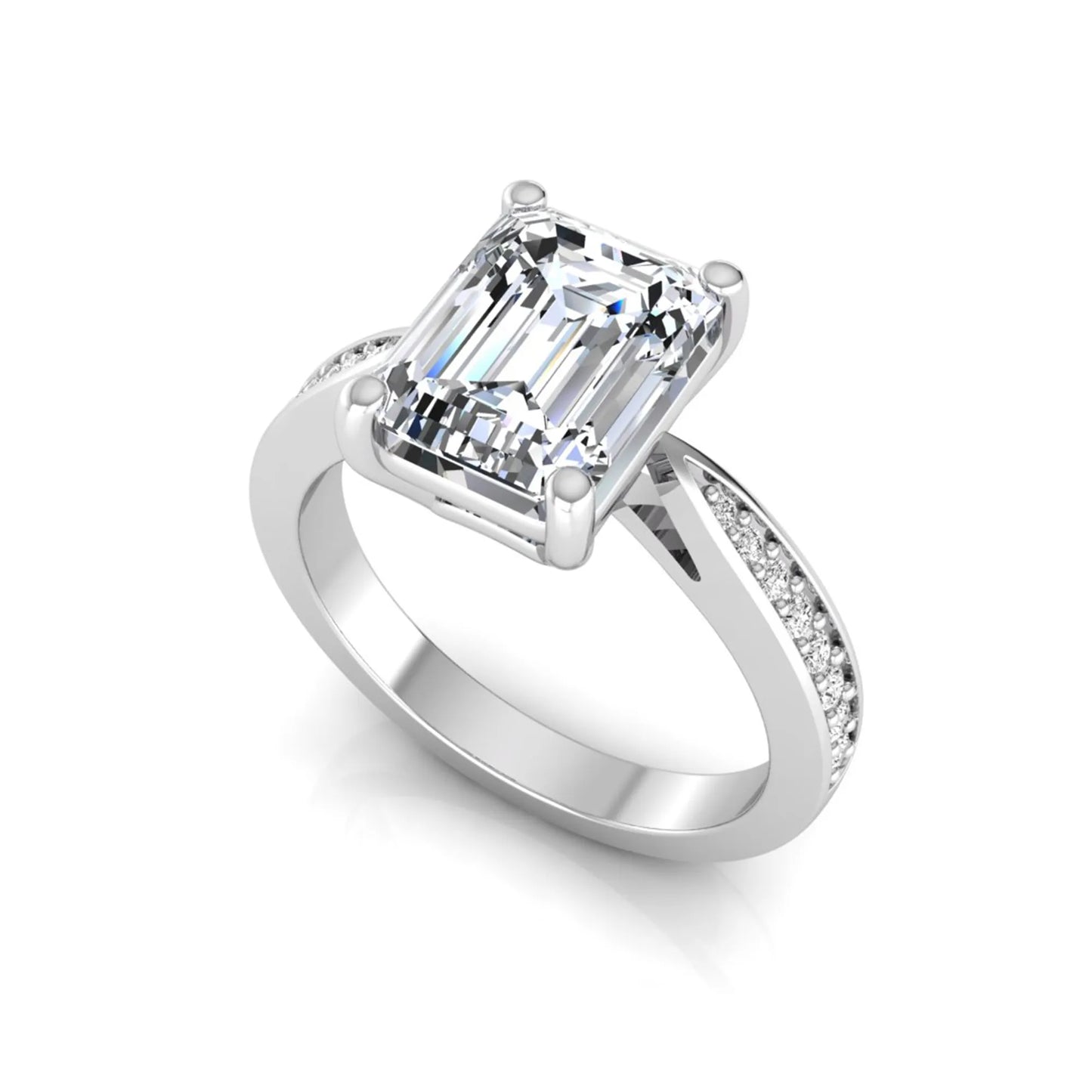 Emerald cut lab grown diamond engagement ring featuring a four-prong setting with round diamond accent band in a white gold style design.