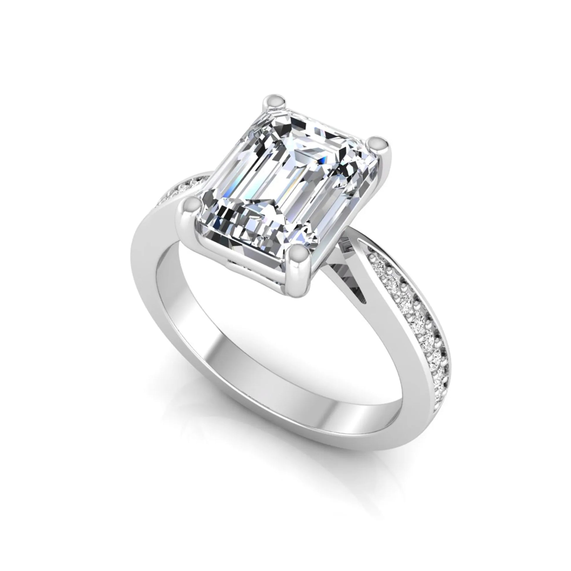 Emerald cut lab grown diamond engagement ring featuring a four-prong setting with round diamond accent band in a white gold style design.