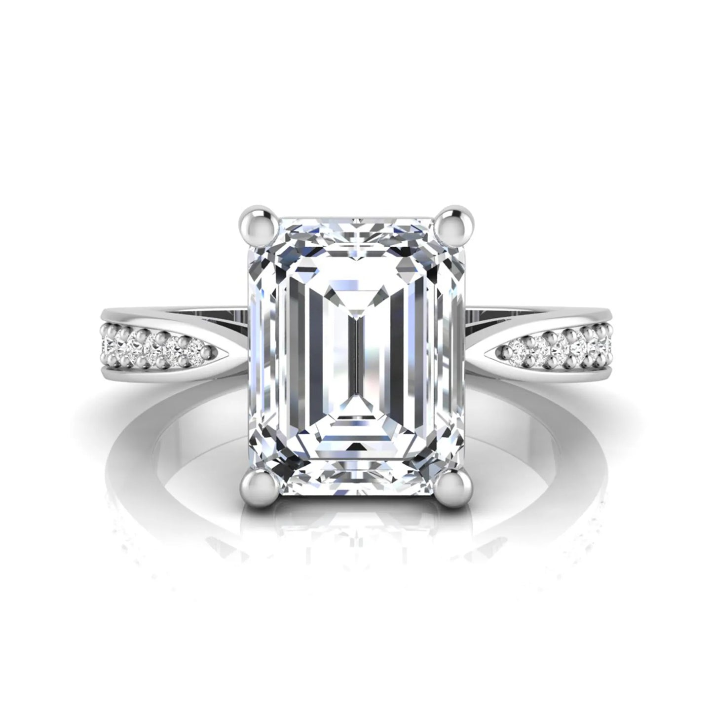 Emerald cut lab grown diamond engagement ring featuring a four-prong setting with round diamond accent band in a white gold style design.