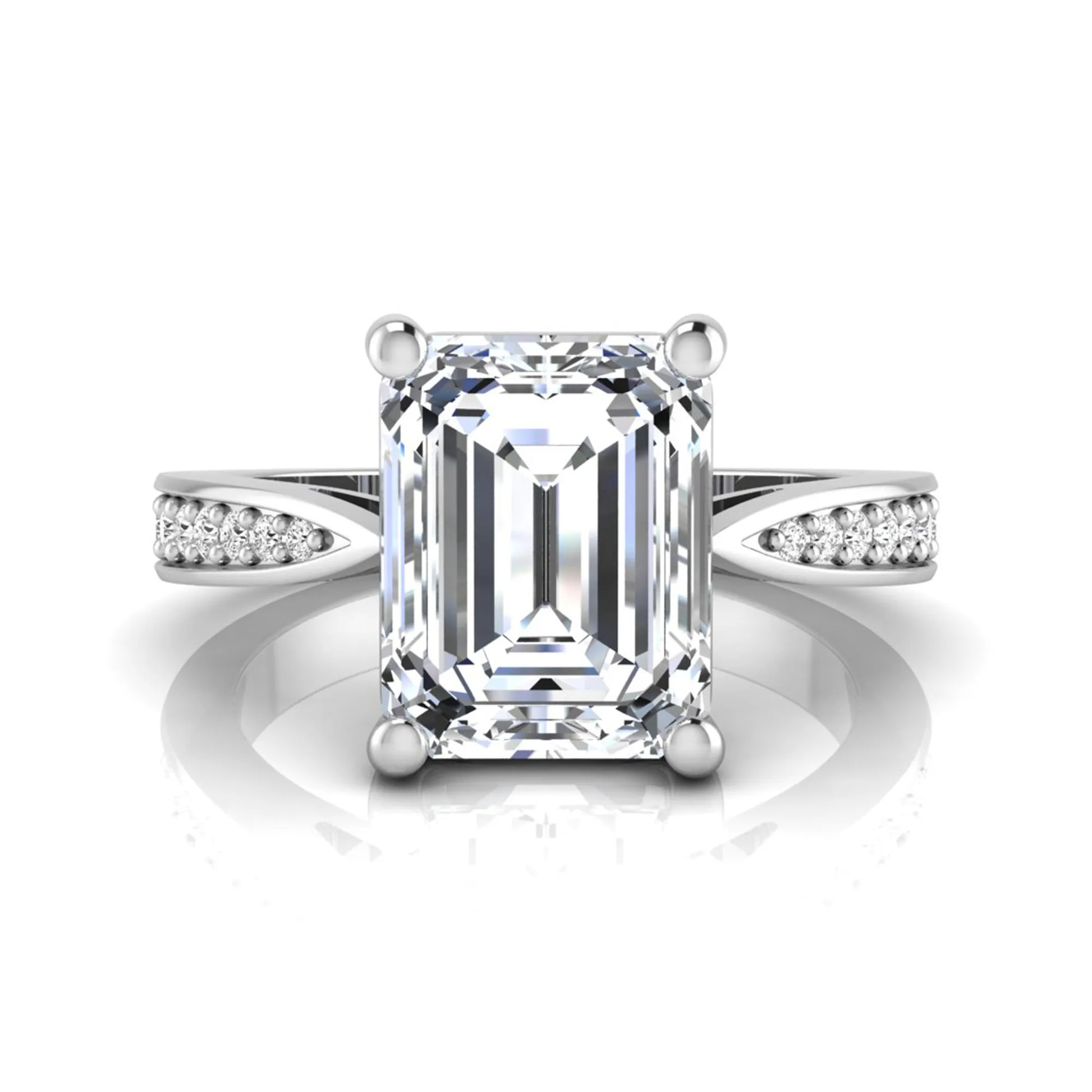 Emerald cut lab grown diamond engagement ring featuring a four-prong setting with round diamond accent band in a white gold style design.