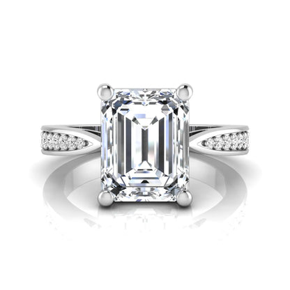 Emerald cut lab grown diamond engagement ring featuring a four-prong setting with round diamond accent band in a white gold style design.