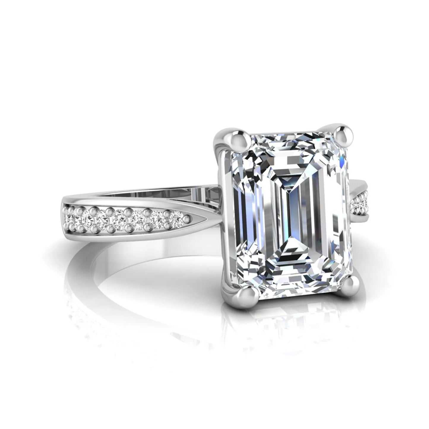 Emerald cut lab grown diamond engagement ring featuring a four-prong setting with round diamond accent band in a white gold style design.