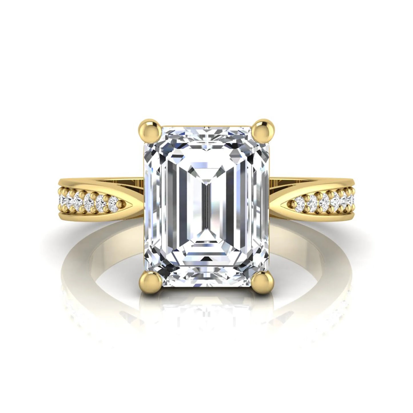 Emerald cut lab grown diamond engagement ring featuring a four-prong setting with round diamond accent band in a yellow gold style design.