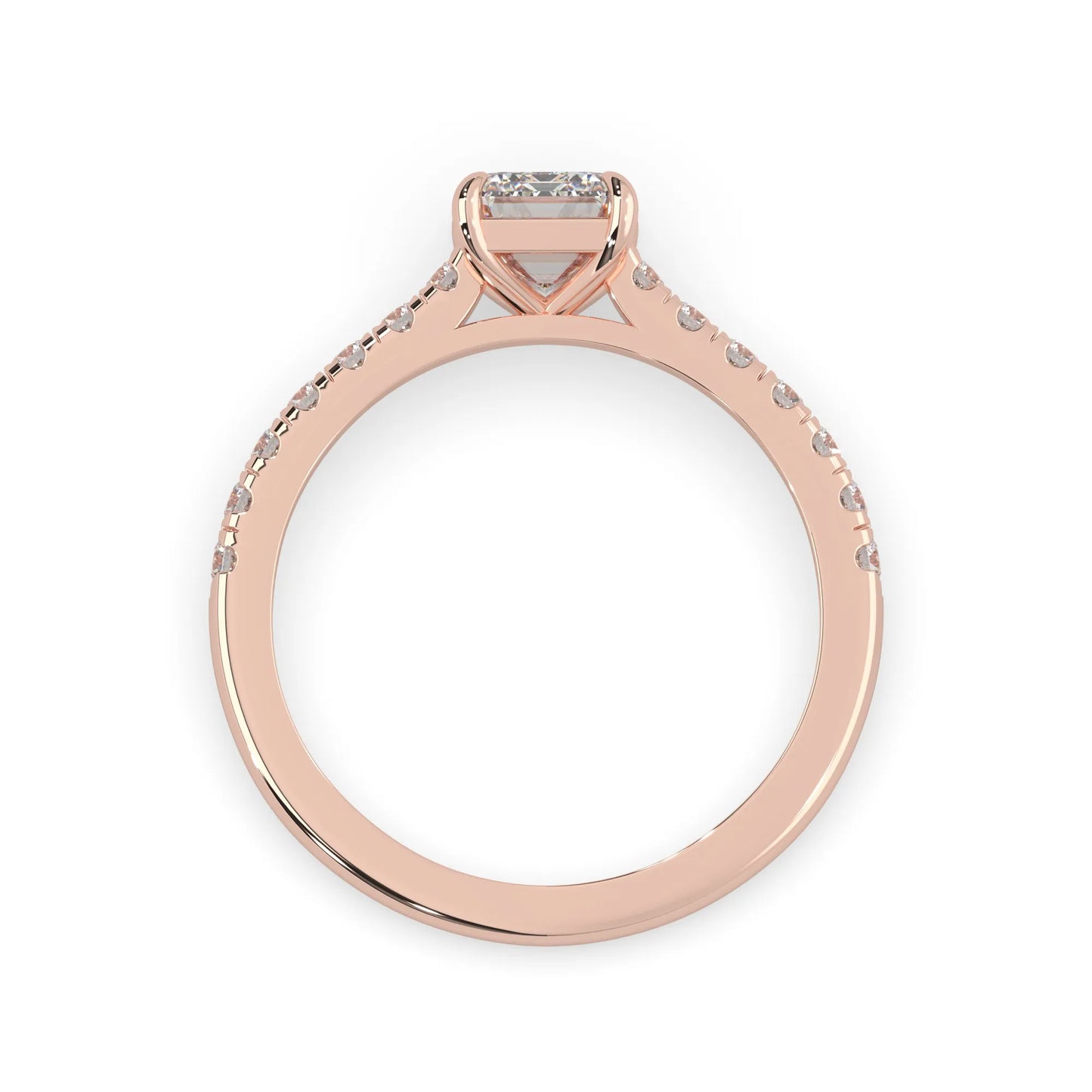 emerald cut lab grown diamond prong set engagement ring with pavé band and rose gold  metal tone design
