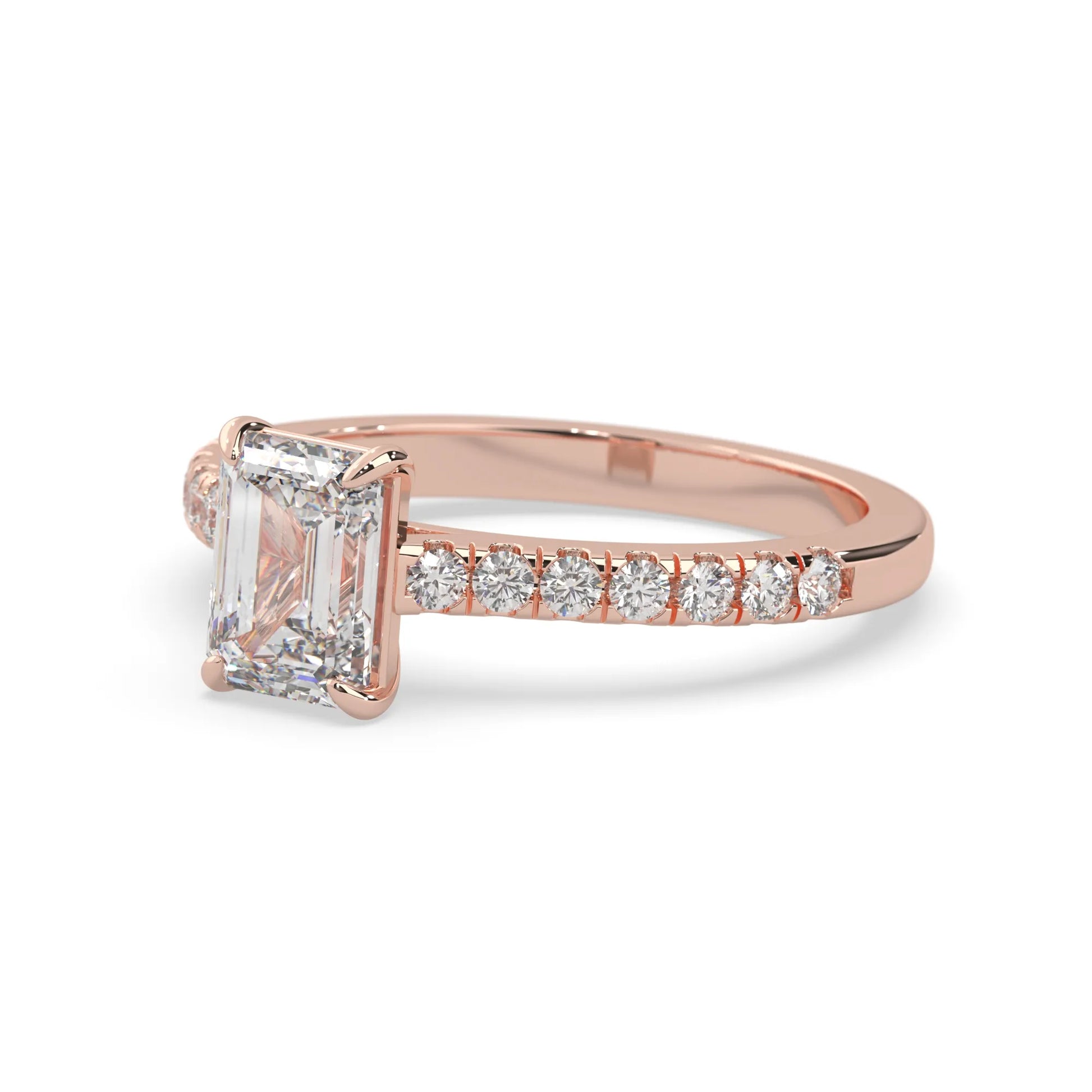 emerald cut lab grown diamond prong set engagement ring with pavé band and rose gold  metal tone design