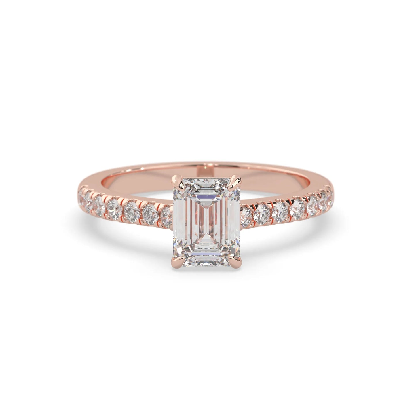 emerald cut lab grown diamond prong set engagement ring with pavé band and rose gold  metal tone design