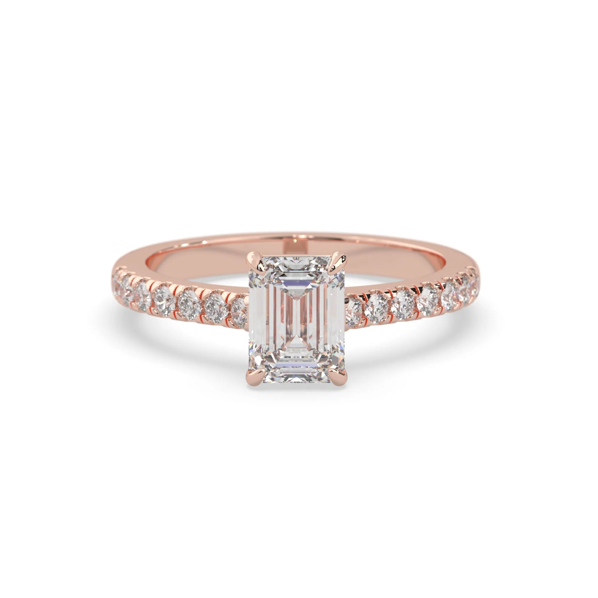 emerald cut lab grown diamond prong set engagement ring with pavé band and rose gold  metal tone design
