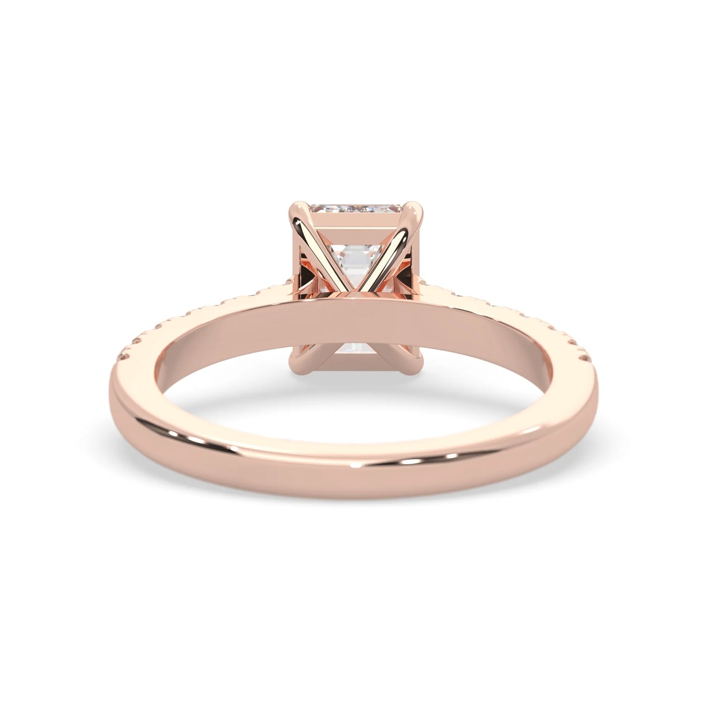 emerald cut lab grown diamond prong set engagement ring with pavé band and rose gold  metal tone design